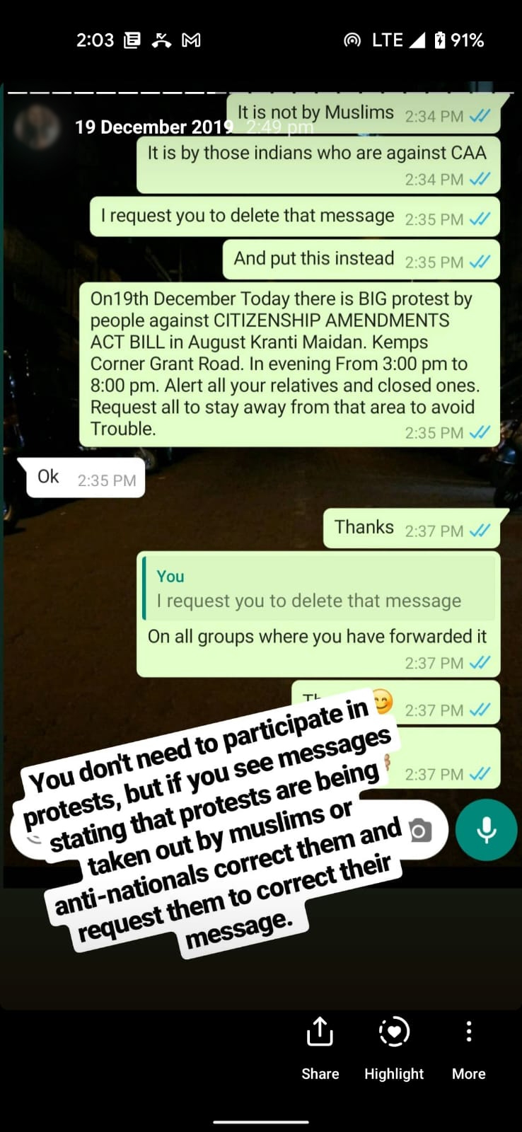 A text chat in text bubbles comprises the background of an Instagram story. A caption from the poster sits on top of it.