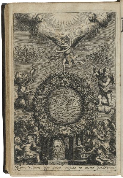 Engraving showing sun and angel at top; in the middles a wreathed globe bordered by two angelic figures; at the bottom more angles working a forge.