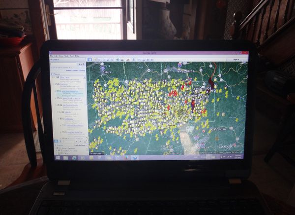 Meryl Solar showing Google Map she created to document fracking infrastructure in northeastern Pennsylvania.