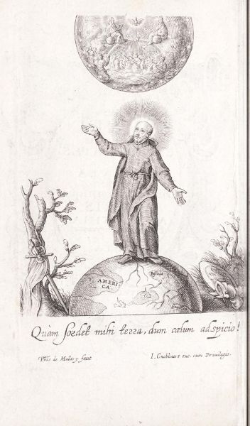 Robed man standing on a globe looking to the heavens; beside him a tree pierced by a sword.