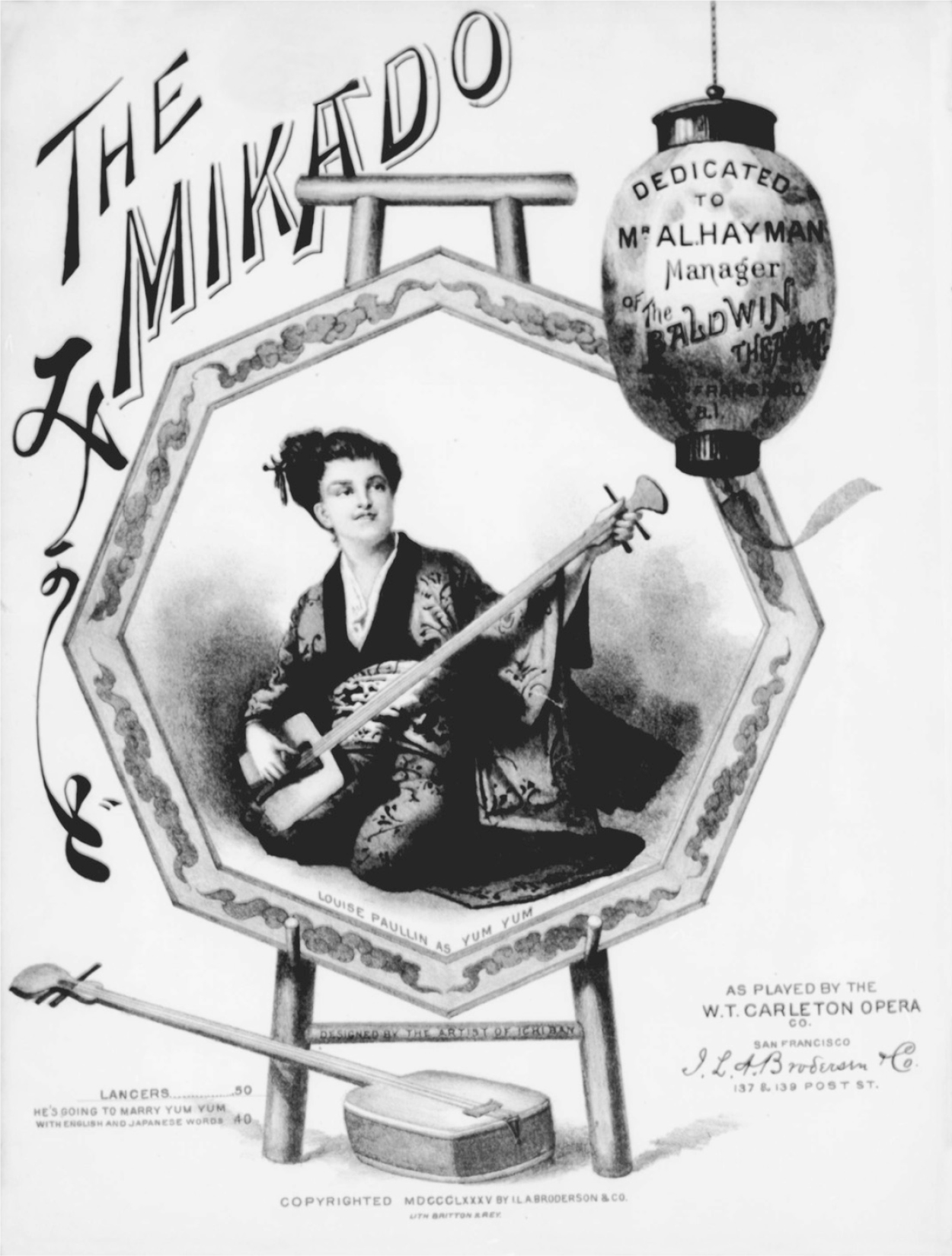 A sheet music cover of The Lancers. The text at the top left reads, The Mikado. The frame has a woman in a traditional outfit is holding a musical instrument.