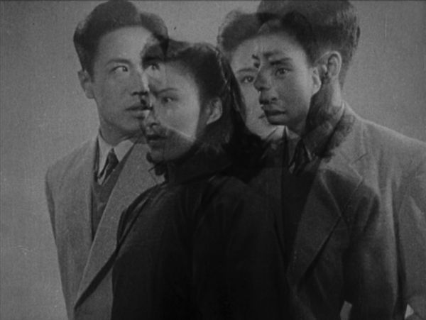 Still of a young man and woman in formal attire, cut so their images are superimposed over themselves.