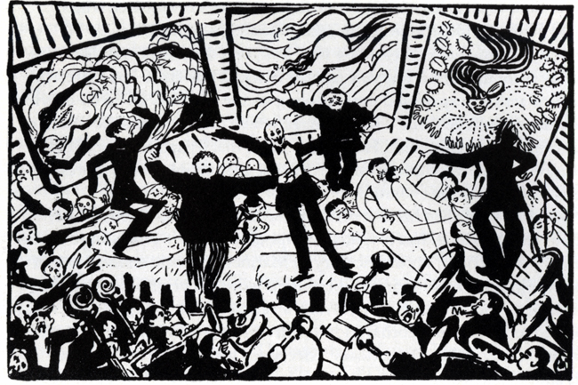 The exhibit features Boccioni’s “A Futurist Evening in Milan, 1911,” capturing a lively gathering with swirling lines and expressive figures, highlighting the energy and modernity of the Futurist movement.
