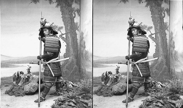 A double image of a man posing in armor. The realistically painted background of a tree and hills might fool you for a minute.
