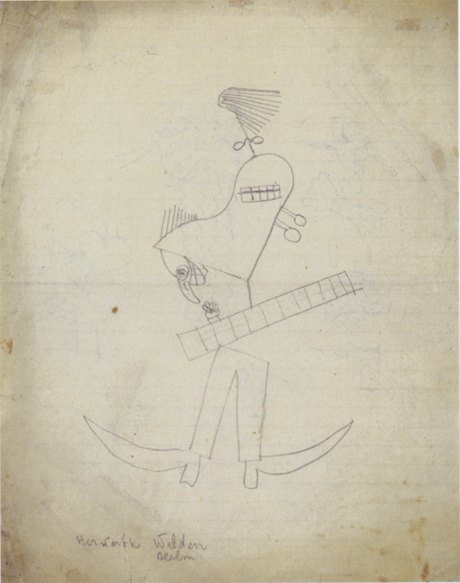 The exhibit features an abstract artwork titled “Caricature of Herwarth Walden” by Ivan Puni.