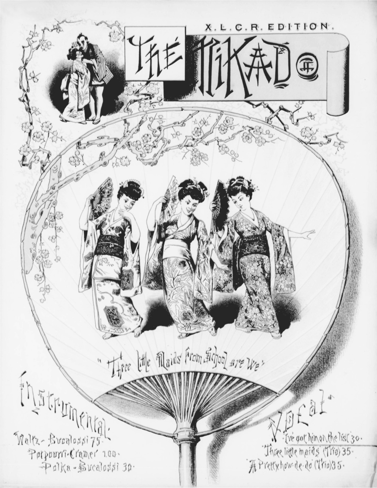 A sheet music over titled “I’ve got Him on the List” with the phrase “The Mikado” in Chinese font. There are 3 women in traditional attire in dance positions with each one holding a Shan in their hands.