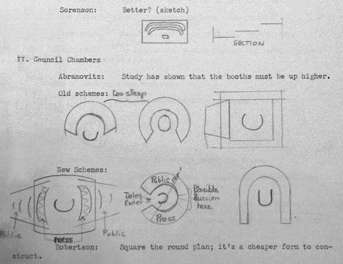 Page of typed notes with hand-drawn diagrams of different table arrangements.