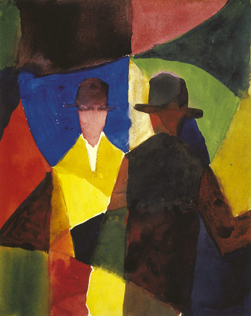 The exhibition displays August Macke’s “Reflection in the Display Window,” featuring two figures of men wearing hats. The window is composed of glass panes in varying shades of blue, red, green, and brown.