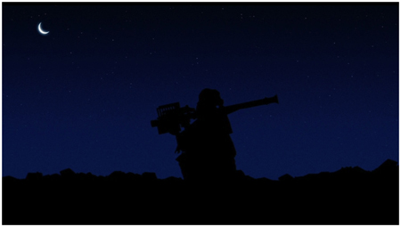 Silhouette view of a person squatting with a rocket-propelled grenade launcher on their shoulder with a twilight sky and half-crescent moon behind.