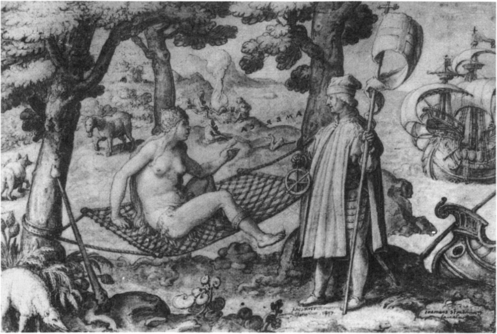 An illustration shows a naked woman sitting on a hammock in an outdoor setting. The woman speaks to a fully clothed male crusader who is armed and holds a banner. The scene is illustrated alongside a sea.