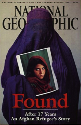 A woman in a hijab holding a picture of herself taken years prior. The headline reads, “Found: After 17 years an Afghan refugee’s story.”