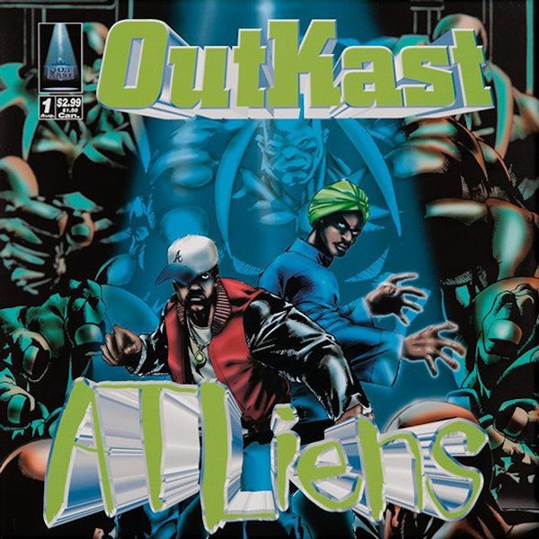 OutKast drawn as comic book characters, standing back-to-back, against a troupe or exceedingly large muscled men.