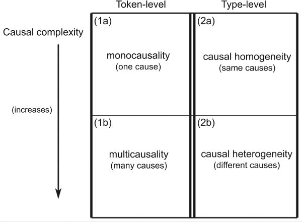 A grid of four squares with labels in each square, labeled on the y-axis by casual complexity and on the x-axis by causation.