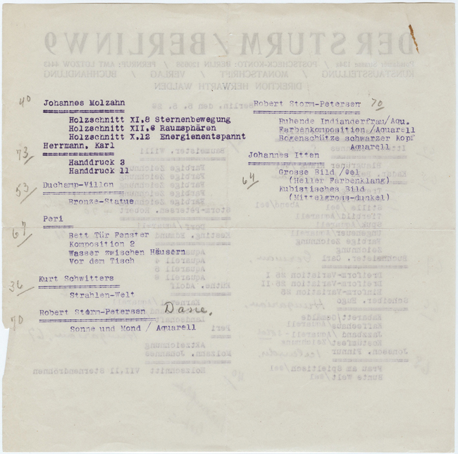 The exhibit displays the verso of a checklist detailing artworks loaned from Der Sturm to the Société Anonyme for the 1926 International Exhibition at the Brooklyn Museum, featuring diverse works by artists such as Johannes Molzahn, Karl Herrmann, Marcel Duchamp-Villon, Robert Storm-Petersen, Johannes Itten, and Kurt Schwitters.