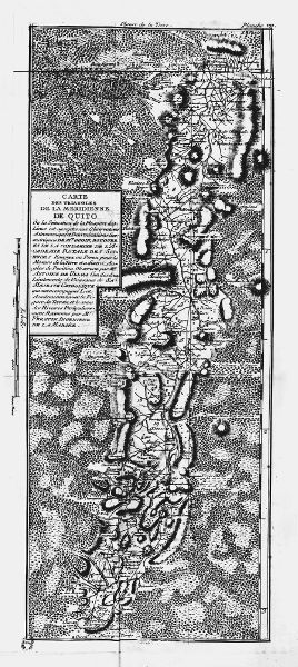 An old map with topographic details about terrain. A French text on the left side identifies it as a triangulated map of Meridien at Quito.