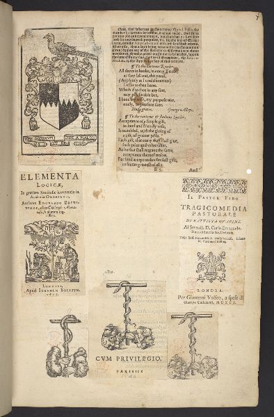 A page with scraps of from other publications pasted to it; several title pages and images recur.