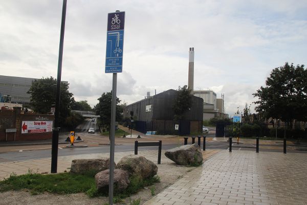 SELCHP incinerator in background, with new bikeway in foreground in the Deptford Park area.