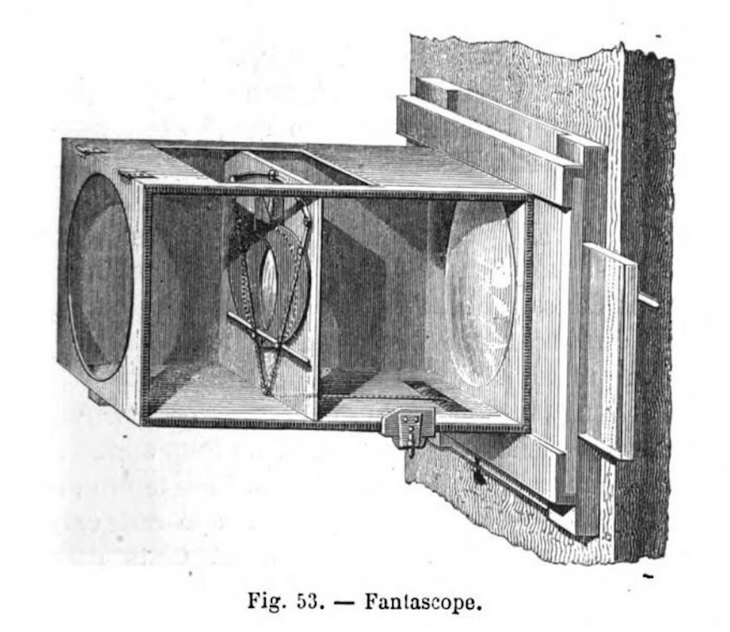 Engraving of shutter mechanism for the fantascope lantern of Robertson’s Fantasmagoria, showing a lens behind a cat-eye diaphragm.