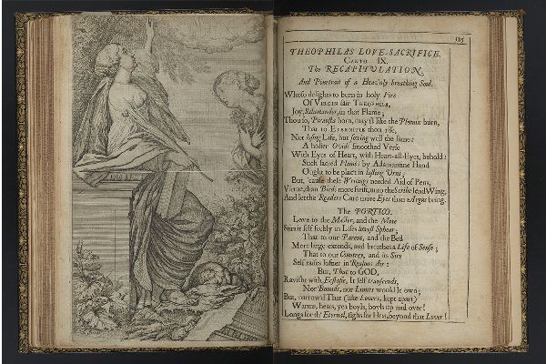 Two-page spread; on the left women look to the sky, one holding a book; on the right text.