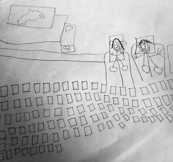 A sketch shows Kylie and Olivia sitting in a classroom with many empty chairs. They are watching a dolphin in a nature documentary.