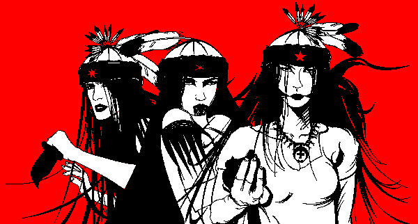 Graphic rendering of three women seen from the waist up, dressed in warrior regalia; one holds a human heart and another wields a knife.