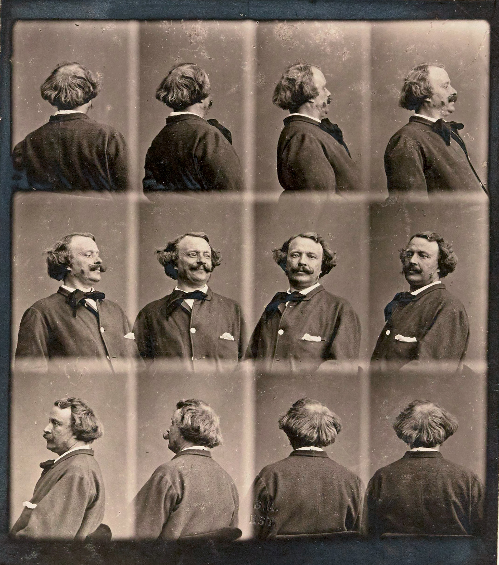 Grid of twelve photographic self-portraits showing the subject (photographer Nadar) rotating thirty degrees in each frame.