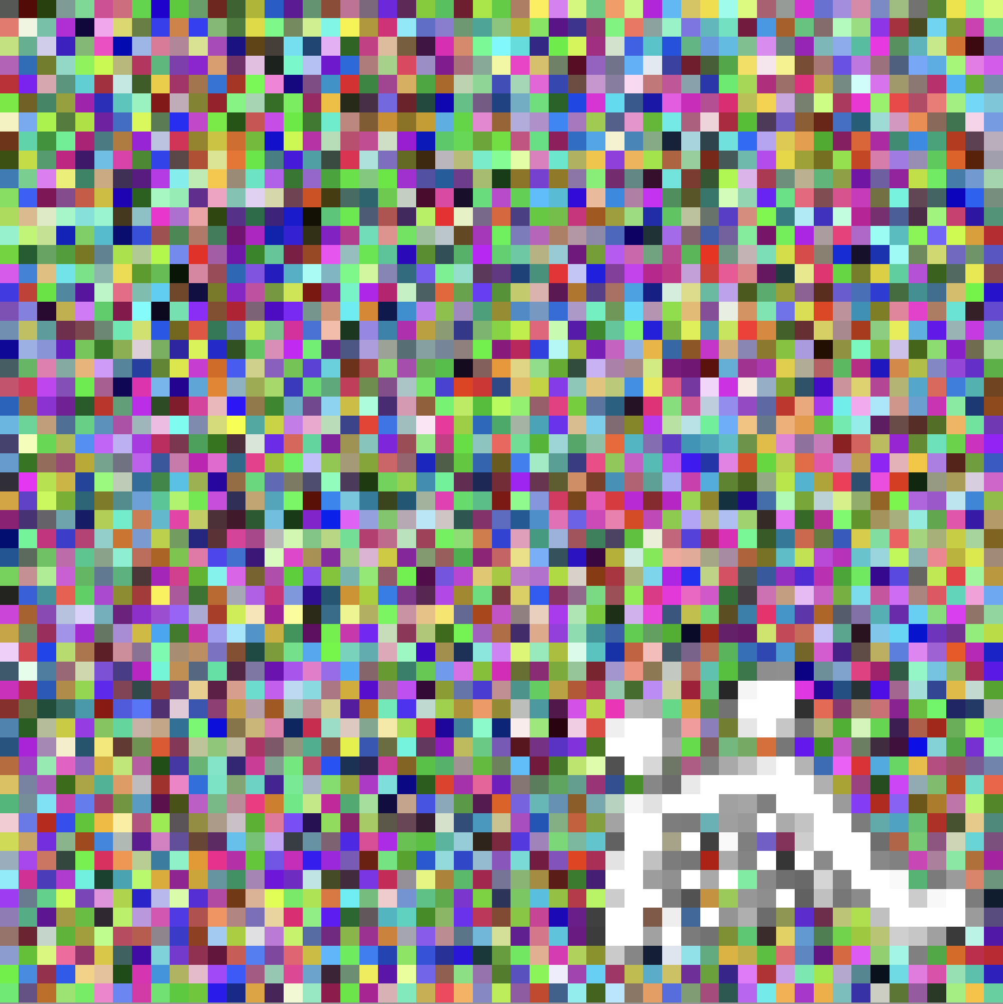 A seemingly random array of colorful pixels form an encoded square with a white, abstract Textz.com symbol in the bottom right corner.