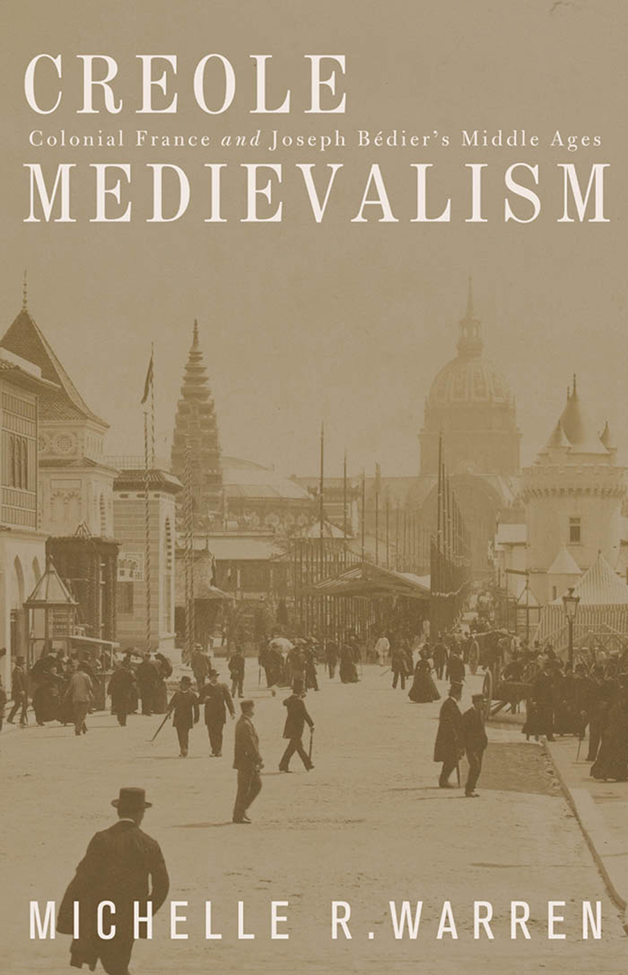 Sepia toned image showing a cobblestone street populated by pedestrians in nineteenth-century garb. An ornate, domed building presides in the background before other similar structures.
