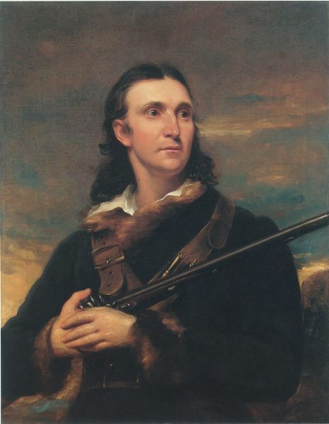 Painting of a white man with long hair looking into the distance. He's wearing a blue, furred overcoat and holding a riffle.