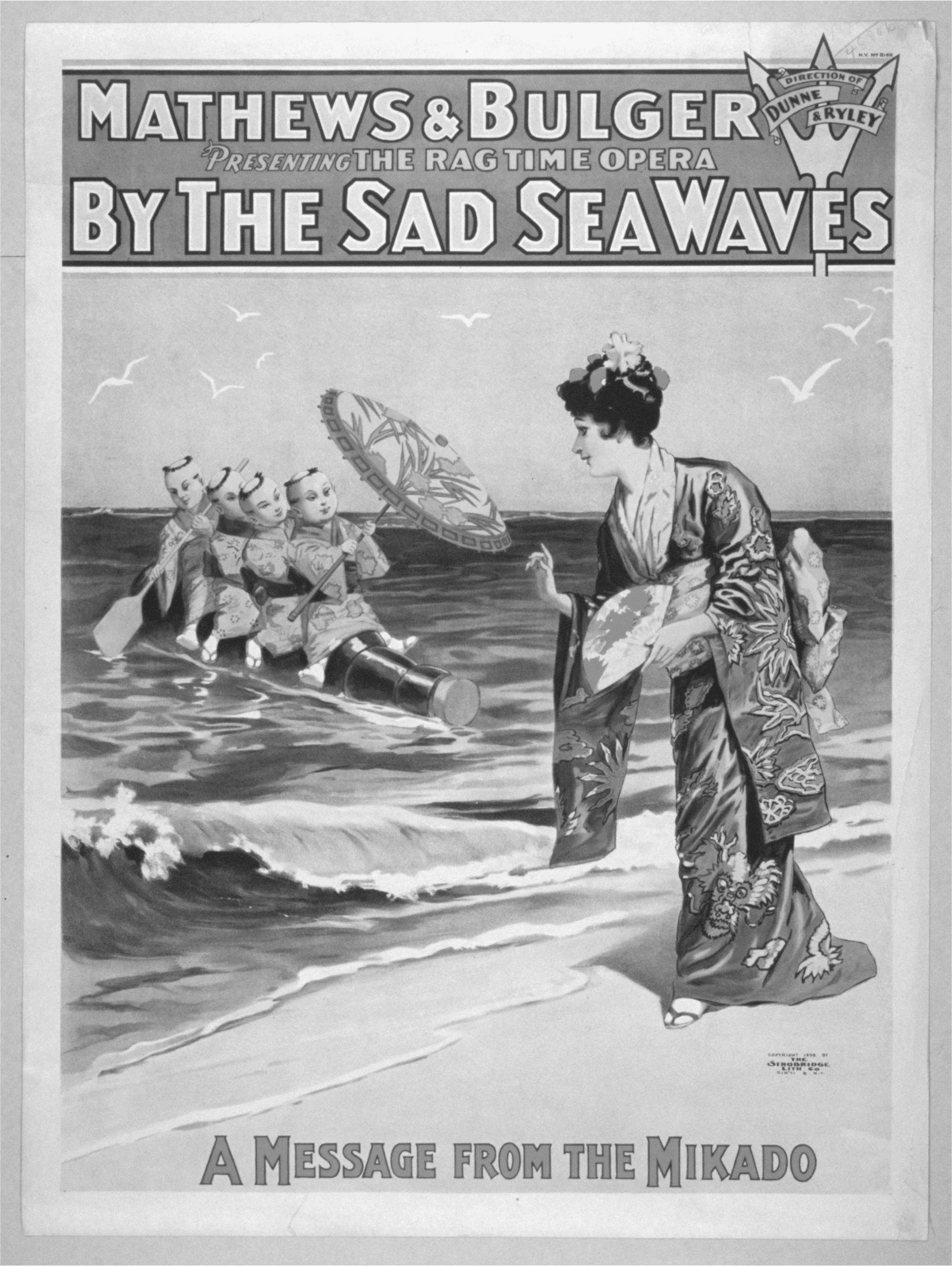 A poster of Mathews and Bulger by the Sad Sea Waves which is a message from the Mikado. The cover has a sea with waves and a bottle with 4 humans seated on it and rowing towards the shore. In the a lady is walking in traditional attire.