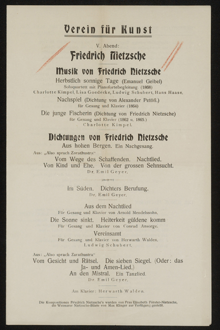 The exhibit displays a program for the Nietzsche Evening at Verein für Kunst, Berlin, 1905, edited by Herwarth Walden.