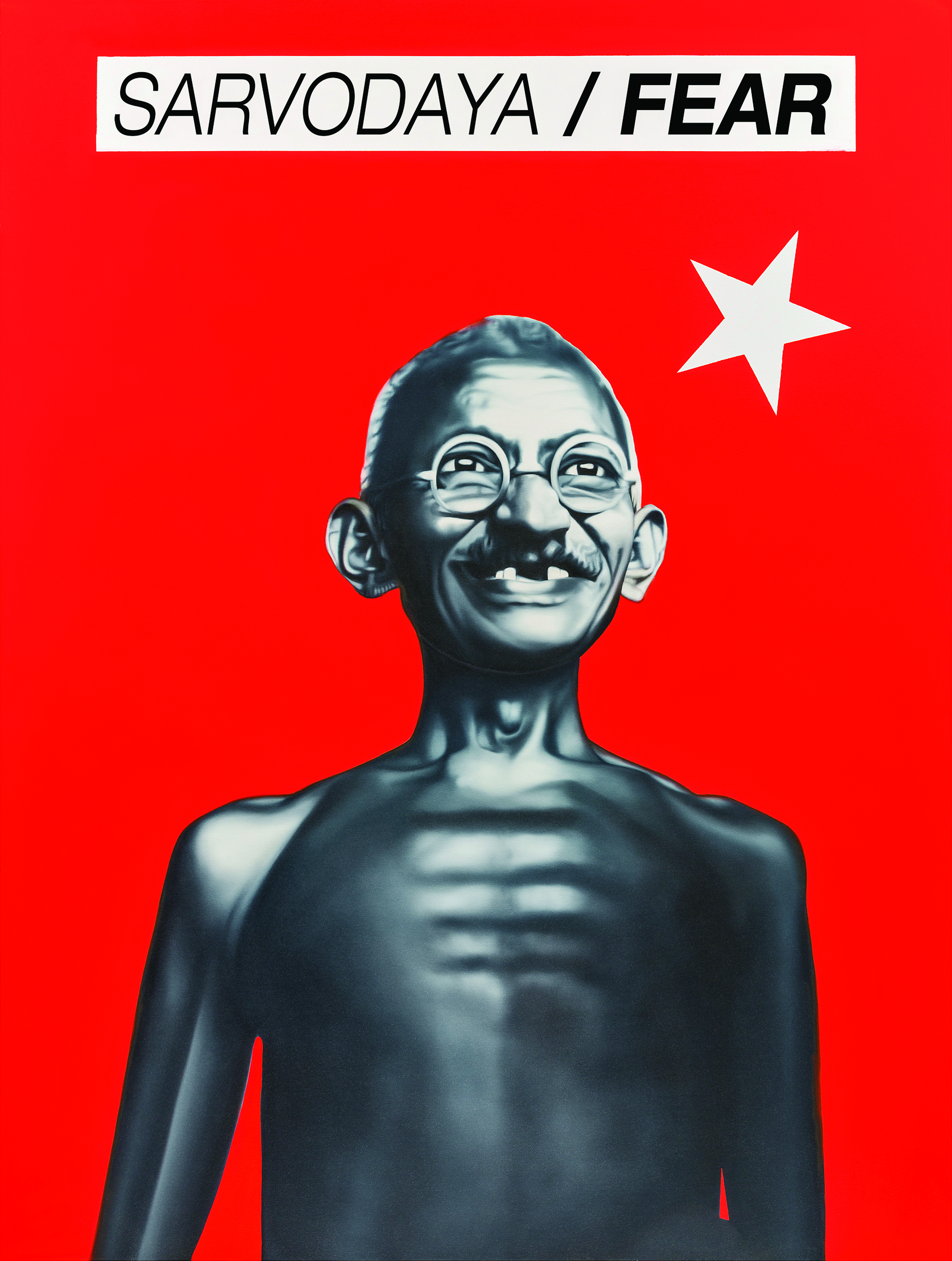 Bare-chested, grayscale image of Gandhi against a field of red with one white star situated to the right of his head. Title text reads “Sarvodaya / Fear.”