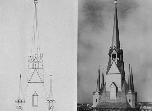 On the left a line drawing of a church tower and on the right a photo of the same church tower.