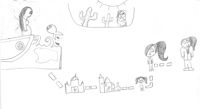A pregnant woman is drawn standing on a boat, then crouched next to cacti under a sun; a dotted line connects a girl in ascending sizes.