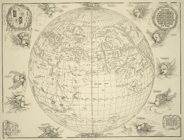 An image of a woodcut from the sixteenth century: the earth as a globe surrounded by different figures of heads without bodies.