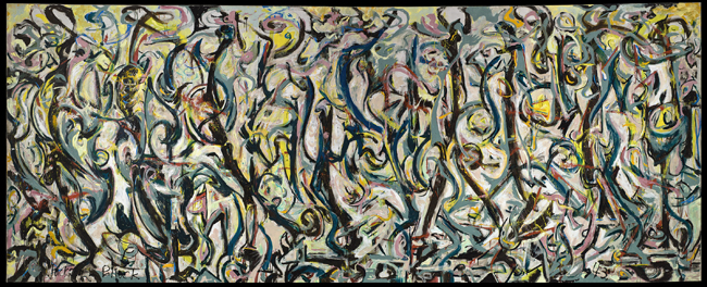 The exhibit features Jackson Pollock’s “Mural,” created in 1943, showcasing a massive canvas characterized by a dense web of dripped and poured lines of paint.