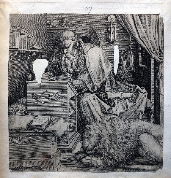 Engraving of a seated bald man with long beard at a desk writing; at his feet a lion.