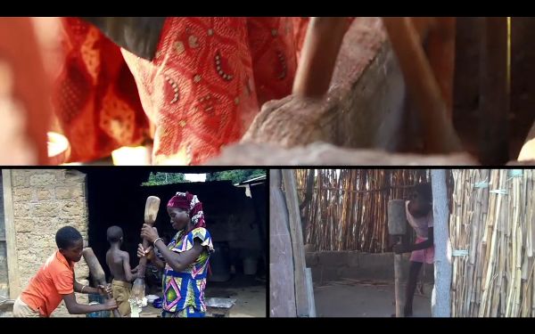 Composite image of several people working in a village