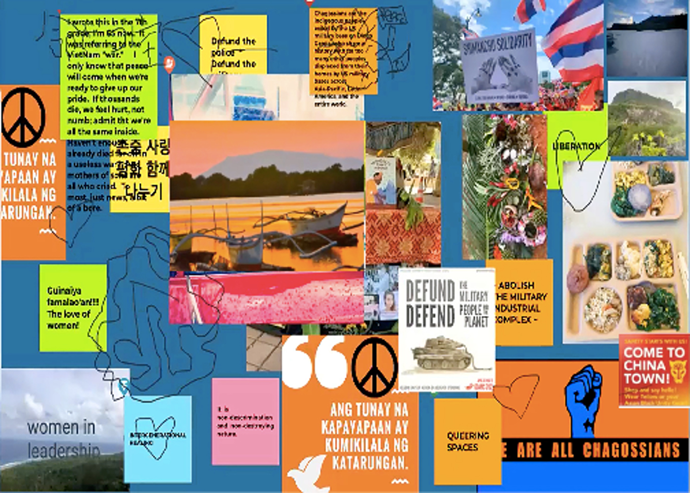 A collage of posters depicting tranquil settings alongside print messages in numerous languages with slogans like “Defund the military, defend the people of the planet.” 