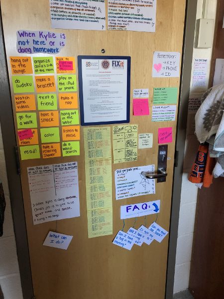 Handwritten notes on colorful paper posted on the back of Olivia and Kylie’s dorm room door. The notes are reminders and supportive ideas. 