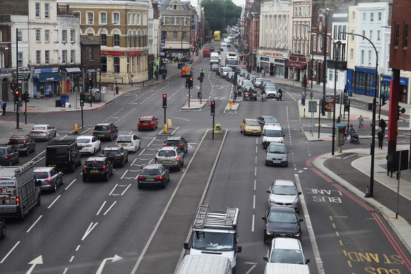 Air pollution sources in Deptford and New Cross, including traffic on the A2, a major thoroughfare through Southeast London.