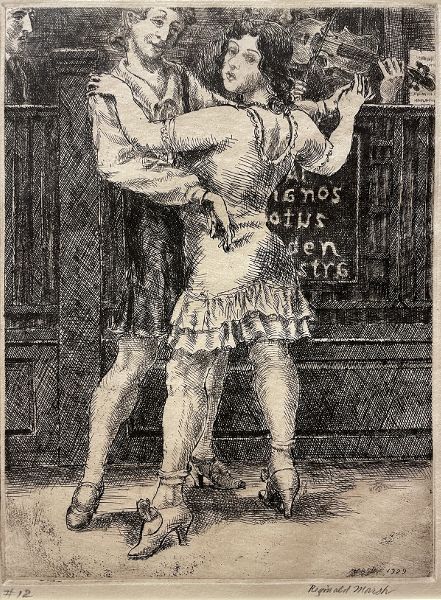 Two women dance together in front of a violinist, with a figure of ambiguous gender looking on.