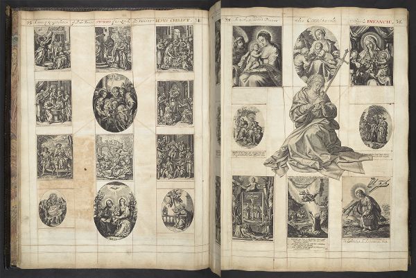 Two page spread with a grid of inked images 