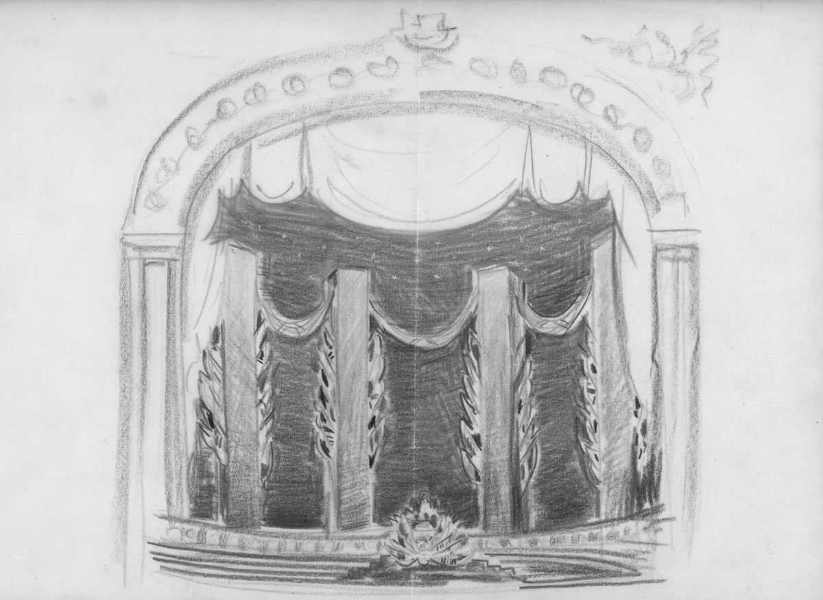 Sketch of theater stage featuring four freestanding pylons. The pylons are connected with garlands on top and have flags mounted on their sides.