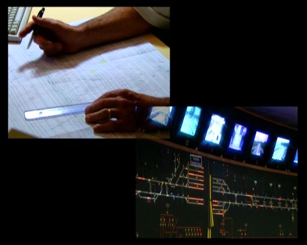 Two film stills: hands holding a pen and a measurement aid over a piece of paper, and a wall of monitoring equipment from CCTV screens to a diagram.