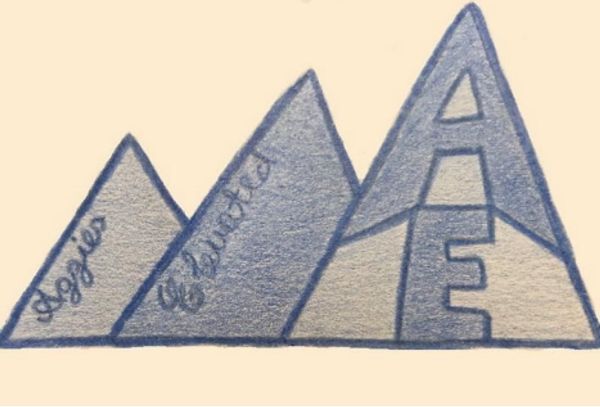Hand-drawn logo with three blue mountains. Aggies is written on the first mountain, Elevated on the next, and a large A and E are on the last one.