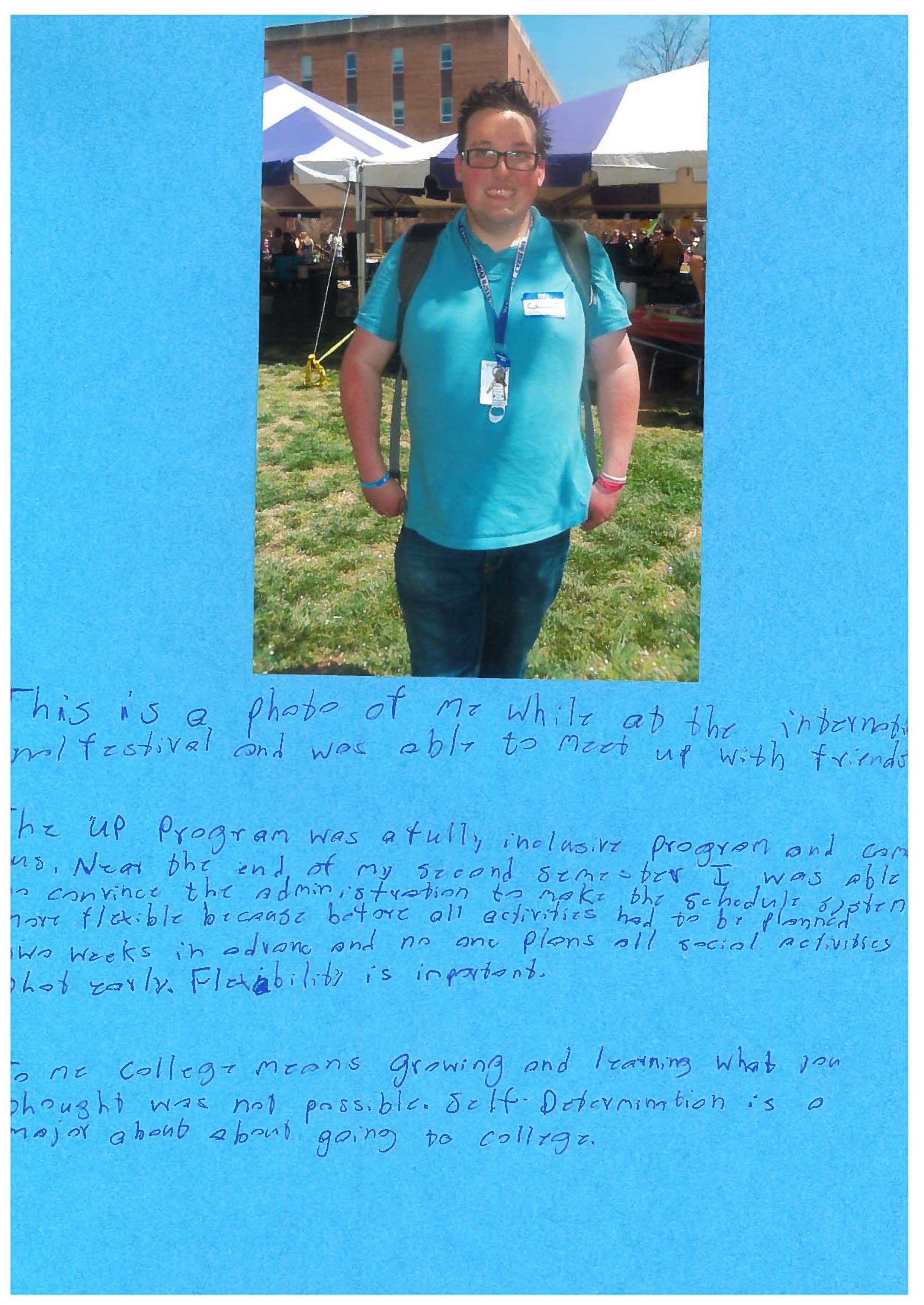 Kenneth Kelty wearing jeans and a blue T-shirt. The picture is pasted on a paper with writing below.