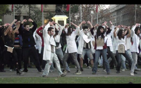 Image of a flashmob wearing garb akin to that worn in Michael Jackson's Thriller music video