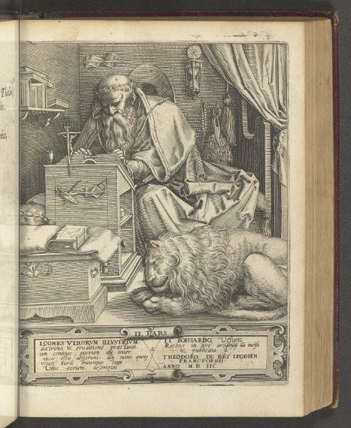 Same engraving from precceeding image with some text in an ornate border below.