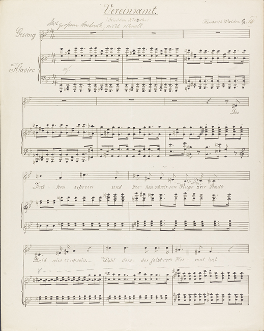 The exhibit showcases the musical notation page for Herwarth Walden’s “Vereinsamt,” an unpublished score with text by Friedrich Nietzsche from 1905.